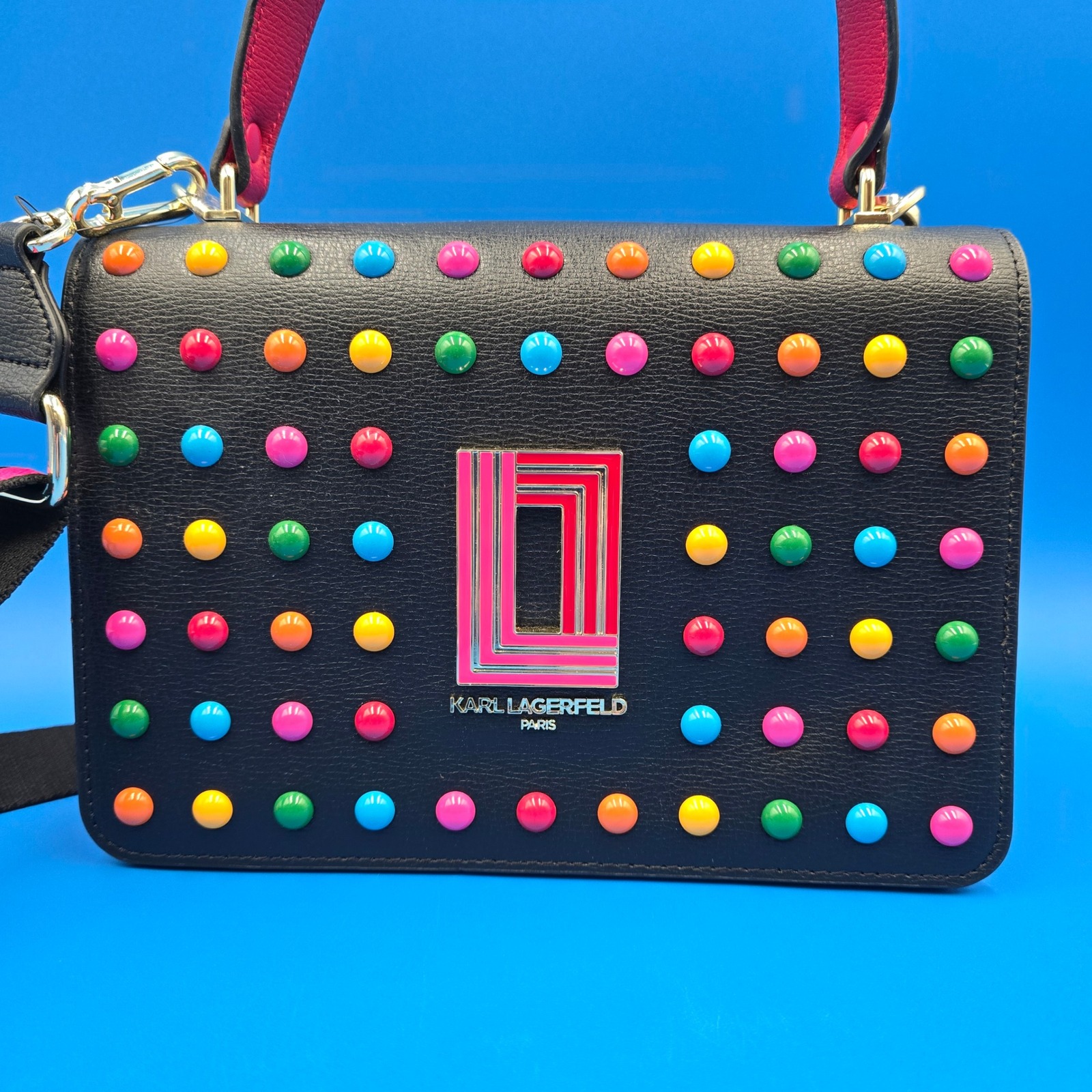 Nwt Karl Lagerfeld Simone Studded Flap Crossbody Bag Black Pink Multi Strap
